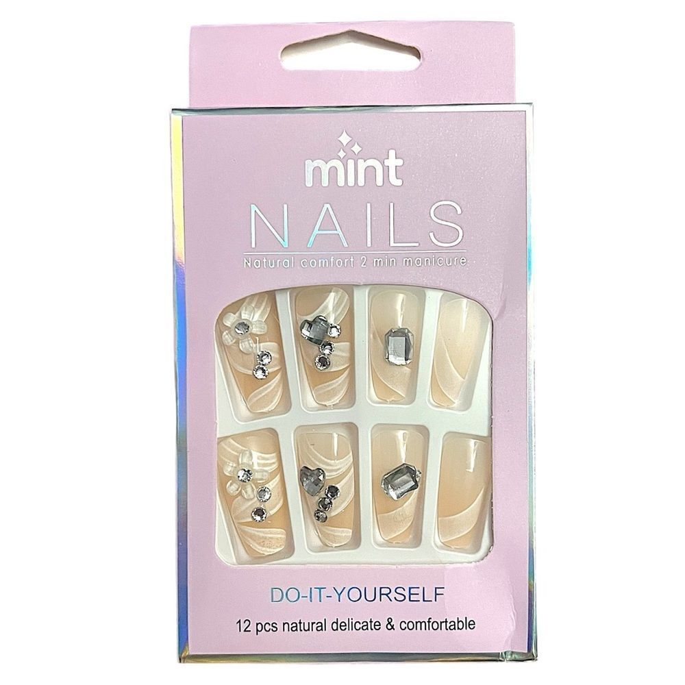 Press On Nails Beige And White With Rhinestones Coffin Shape
